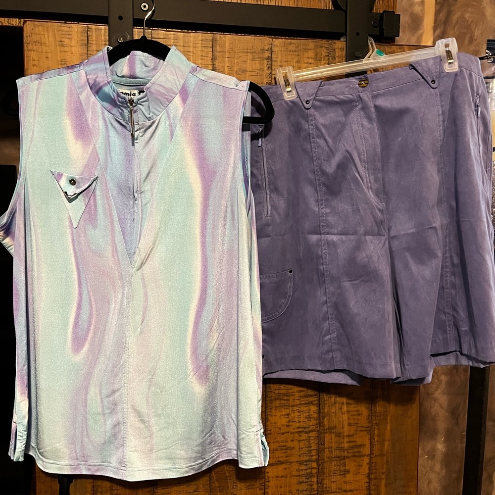 jamie sadock Iridescent Lavender and Aqua Zip Golf Top Size XL + Shorts size 18